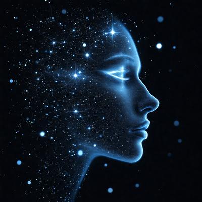 The primary subject of the image is a woman's face, which is the main focus of the image. The setting is a night sky, with a background of stars. The visual style is digital art, as the woman's face is depicted in a futuristic and surreal manner. The colors and mood of the image are predominantly blue, with a sense of mystery and intrigue.